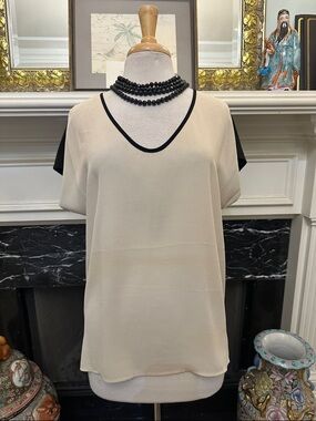 Calvin Klein Cream V-Neck Short Sleeve Top with Black Accents